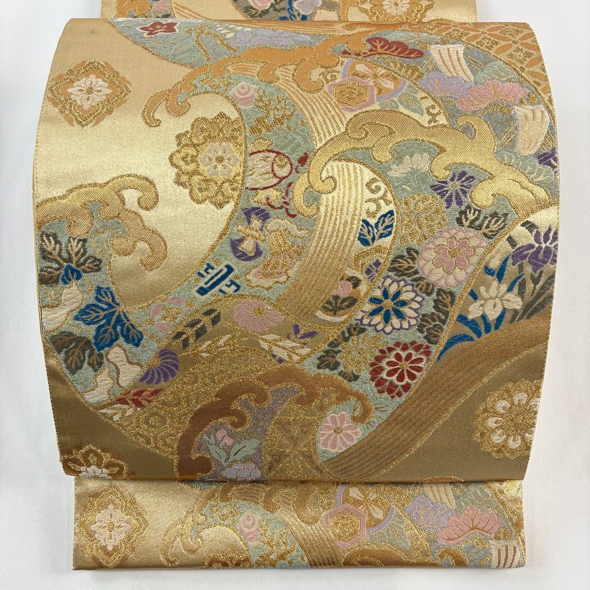 袋帯 秀品 波頭 宝尽くし 金糸 箔 金色 六通 正絹