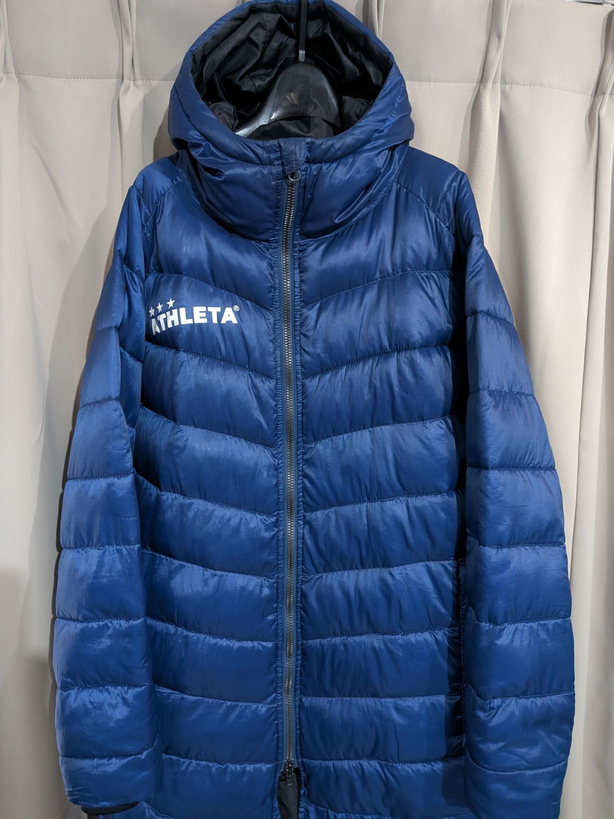 ATHLETA フード付きダウンベンチコート ネイビー ショップ ATHLETA