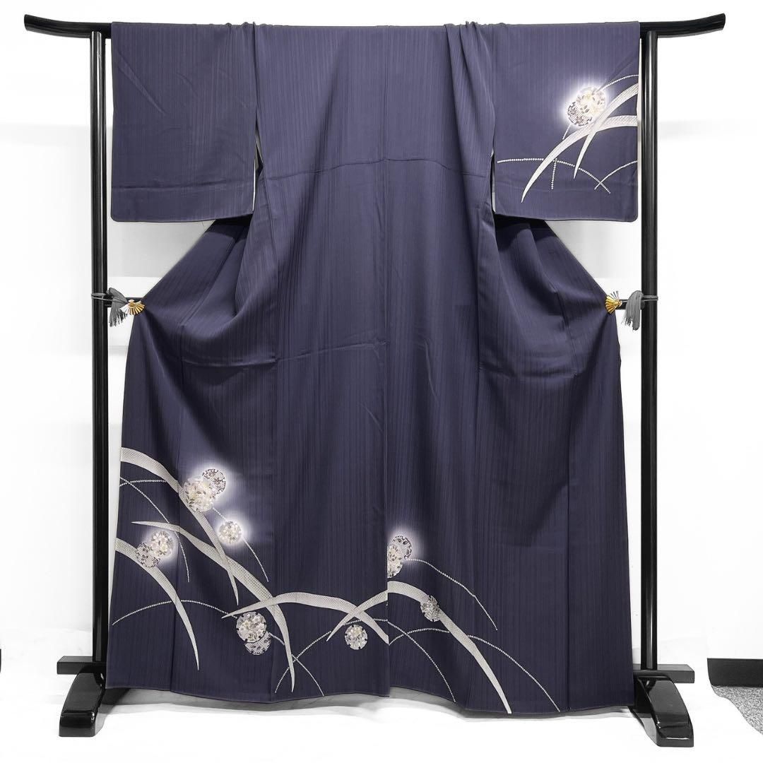 訪問着　蛍ぼかし　雪輪紋　芝草　縦縞　ネイビー着物　041a d 訪問着 蛍ぼかし 雪輪紋 芝草 縦縞 ネイビー着物 041a d - メルカリ