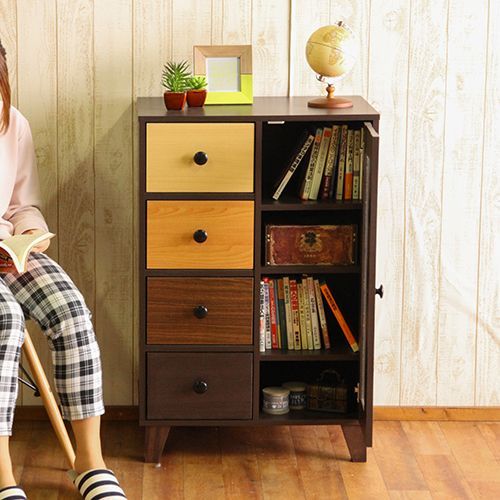 ♪コンパクト カラフル キャビネット 幅59cm リビング収納 収納家具 チェスト ガラス扉 引出し 1人暮らし ワンルーム 姫系