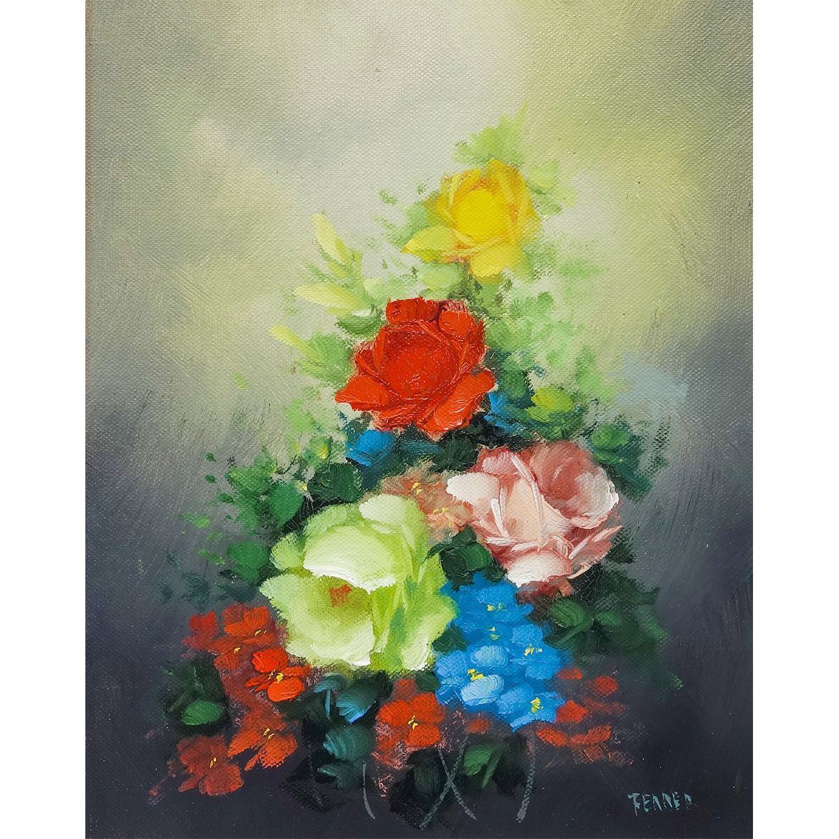 油彩画 F3号 FERRER 薔薇 額入り 油絵 真筆 手描き 肉筆 静物画 花瓶に花 花束 フラワー ブーケ ROSE 飾りやすいサイズ 小さめの絵 YE521