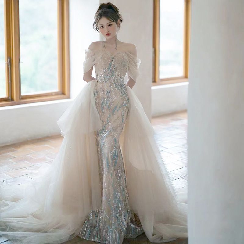 高定魚尾拖尾抹胸晚礼服 夏季 宴会 司会に映える上品ドレス