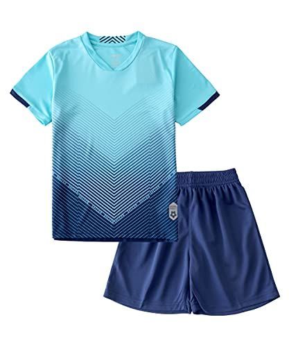 130_ブルー [Hiheart] ジュニア(キッズ・子供) サッカーウェア フットサル キッズトレーニング上下セット ボーイズ 夏 半袖 半パン ブルー 130cm