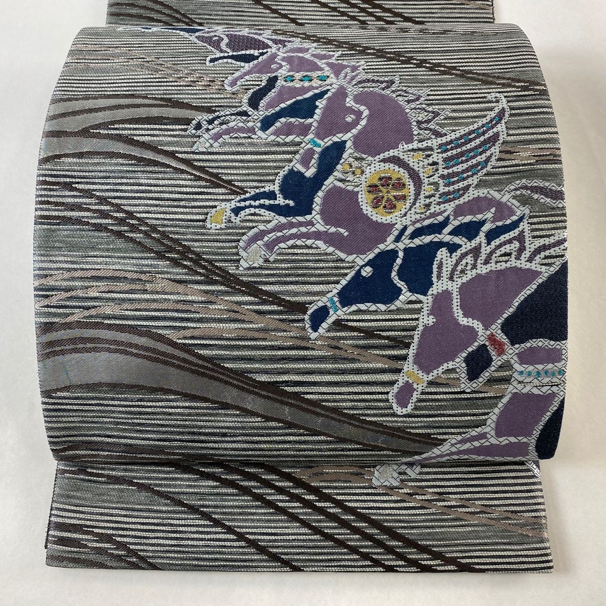袋帯 ペガサス 縞 箔 刺繍 灰色 六通 正絹