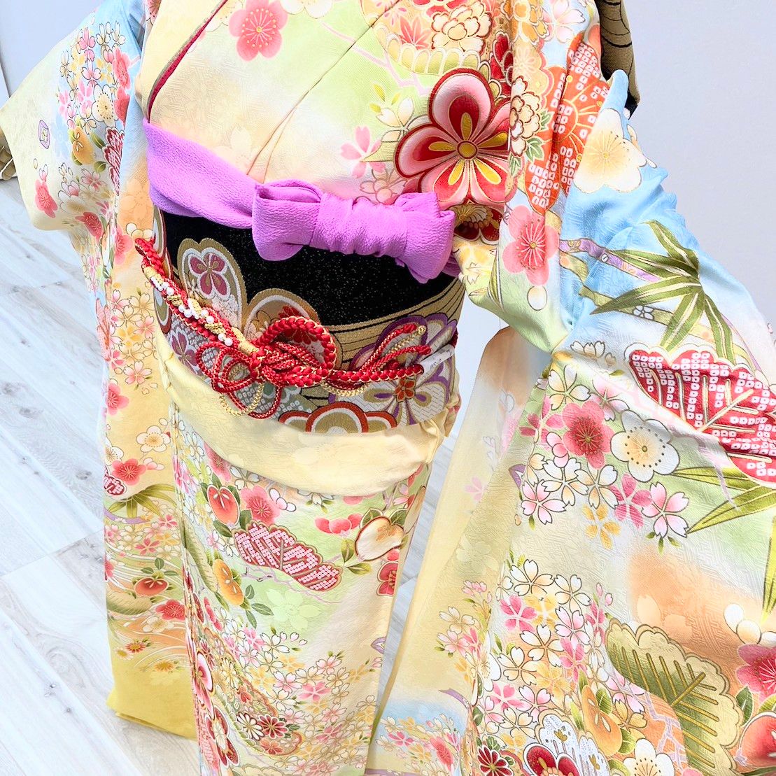 新品・一式セット】振袖 未使用 黄色 クリーム 水色 桜 成人式 F18 
