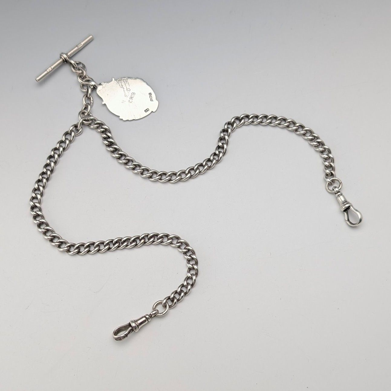 1911年 英国アンティーク 純銀製ダブルアルバートチェーン 40g 純銀メダルフォブ