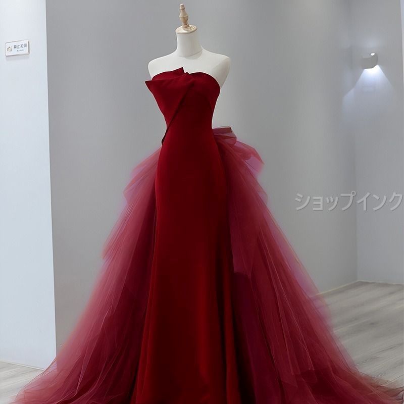 イブニングドレス パーティードレス ロングドレス レッド チューブトップ 結婚式 二次会 花嫁 演奏会 大人 ピアノ 発表会 着痩せ ドレス タイト シフォン フィッシュテール 編み上げ