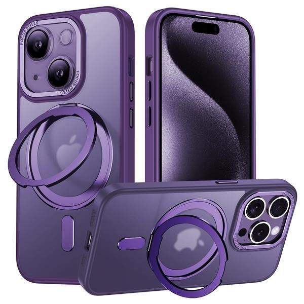 iPhone 14_パープル iPhone 14 適用 ケース Magsafe対応 アイフォン14 カバー 360回転スタンド Uovon スマホケース アイホン14 携帯ケース ワイヤレス充電 車載ホルダー 対応 ストラップ穴付き 半透明 指