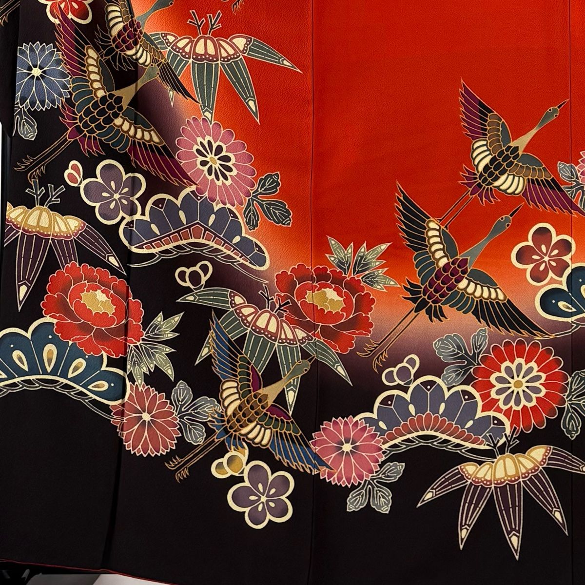 振袖 身丈163cm 裄丈69cm L 袷 落款 松竹梅 鶴 ぼかし 朱色 正絹 秀品