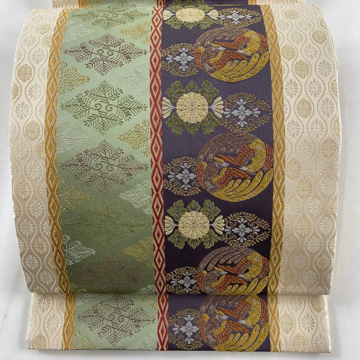 袋帯 名品 若松菱 花鳥 金糸 クリーム 六通 正絹