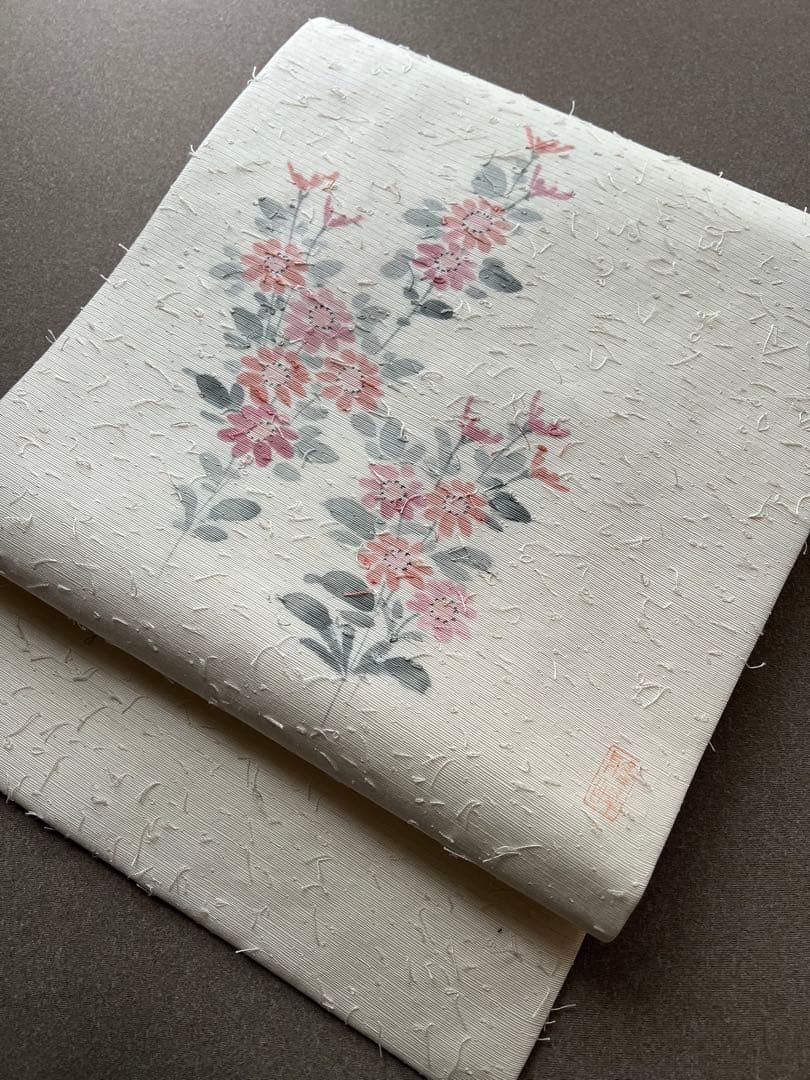 名古屋帯 ひげ紬 作家もの ピンク 花