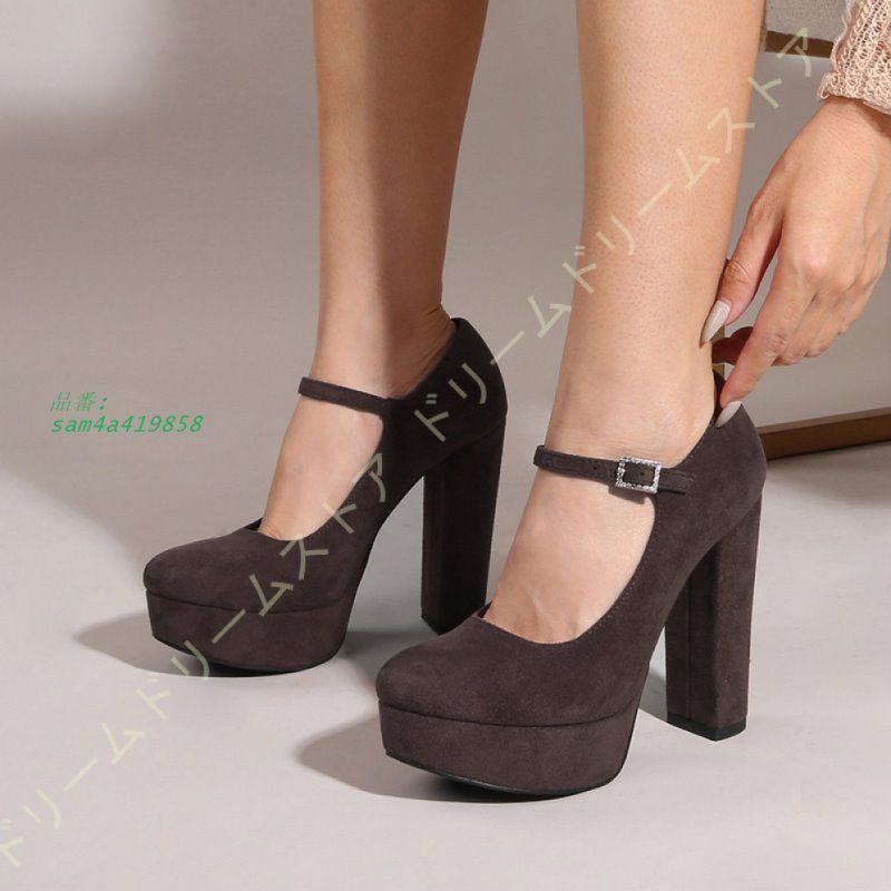 アンクルストラップ パンプス おしゃれ かわいい 厚底 太ヒール フェミニン 脱げない レトロパンプス ラウンドトゥ スウェード 痛くない 12CM 幅広 ハイヒール am4a419858