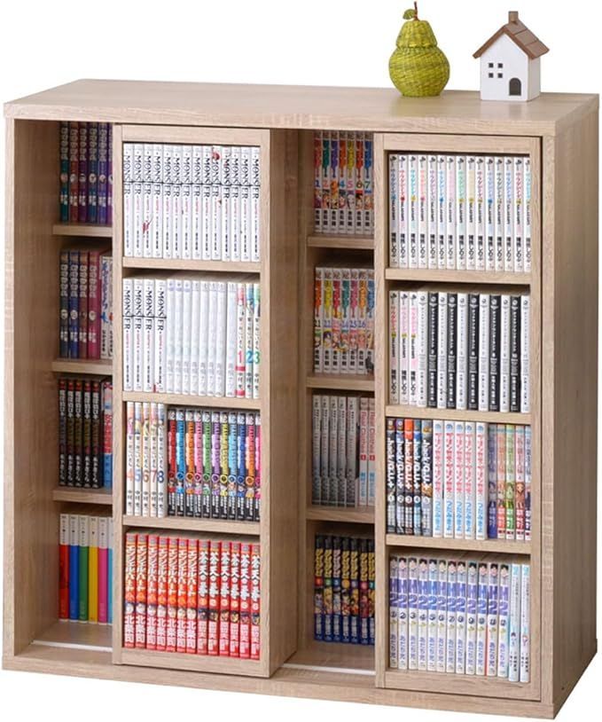 本棚 ダブルスライド式 奥深 スライド書棚 コミックラック 大容量 幅90cm 奥行き34cm 高さ92cm オーク