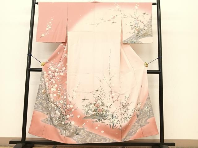 平和屋着物●十日町友禅作家　松雨　訪問着　流水花鳥文　暈し染め　金銀彩　正絹　逸品　BAAT0924yc 平和屋着物○十日町友禅作家 松雨 訪問着 流水花鳥文 暈し染め 金銀彩