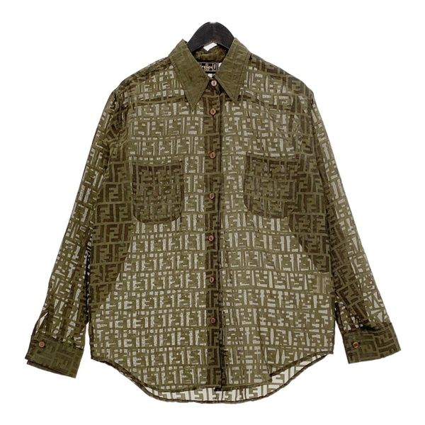 FENDI ズッカ柄 ヴィンテージ シアーシャツ 10542110 08048 長袖 総柄 透け感 レディース サイズ30 カーキ フェンディ トップス DM15367