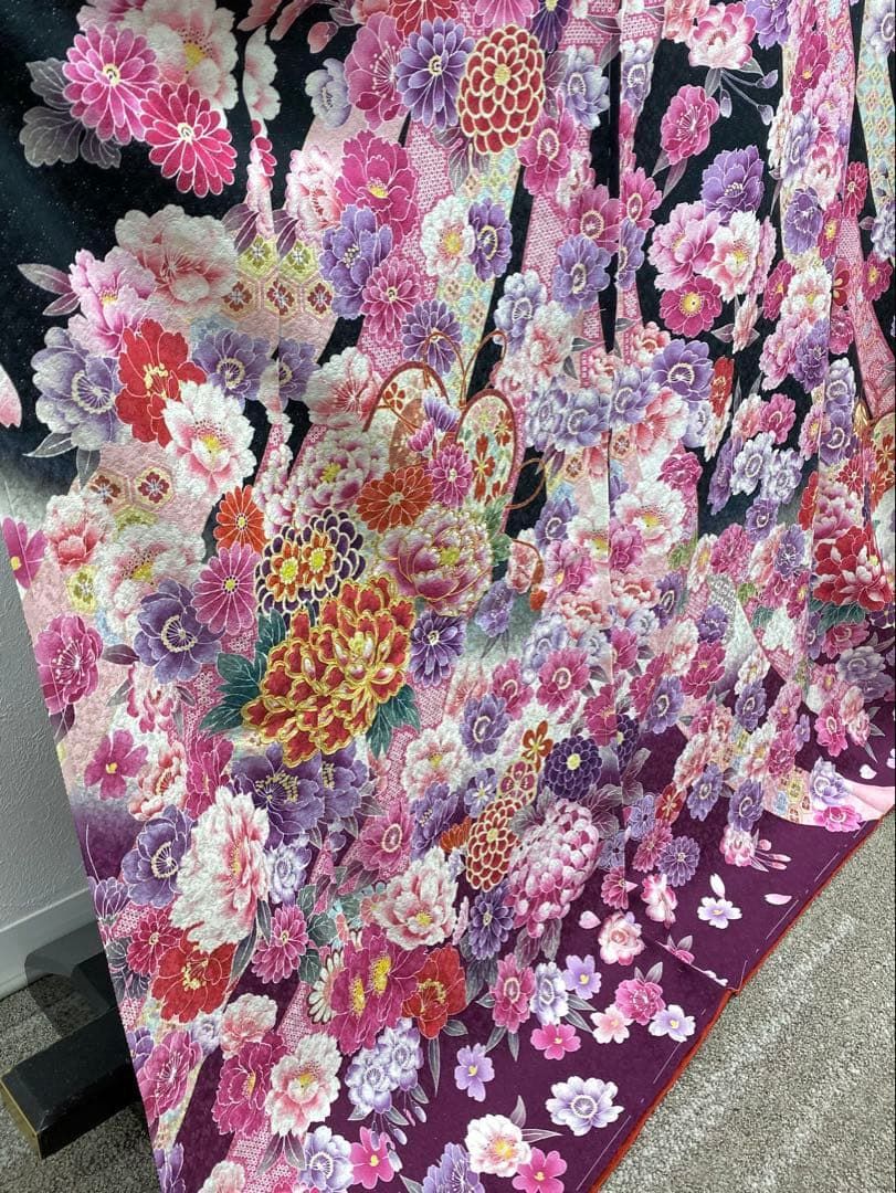 振袖 仮絵羽 舞台衣装 銀通し 金駒 牡丹 洋花 正絹 未仕立て品 八掛