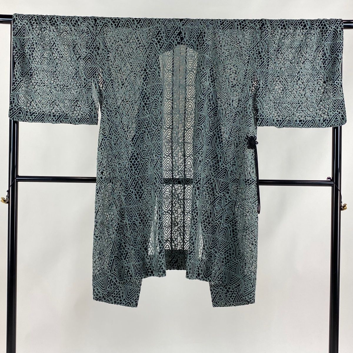 道中着 身丈108.5cm 裄丈71cm L 和装コート 菱 花 箔 灰緑 正絹