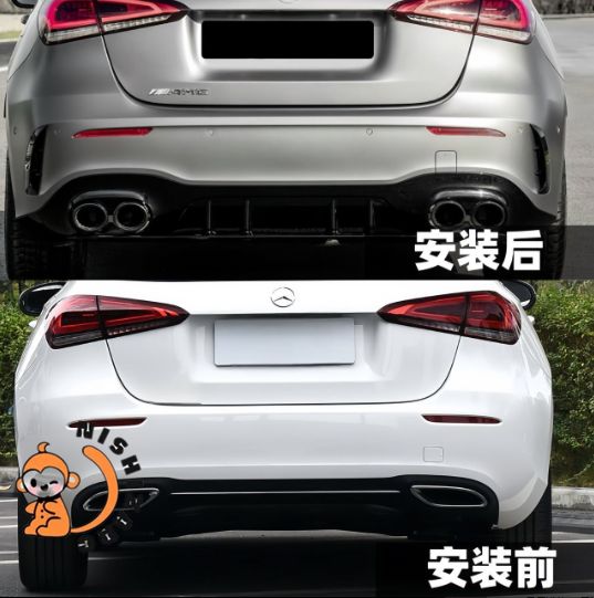 ベンツ Aクラス W177 改A45S 後ろリップ＆テールパイプ AMGスタイル 小包囲 2018- ABS製 黒 銀