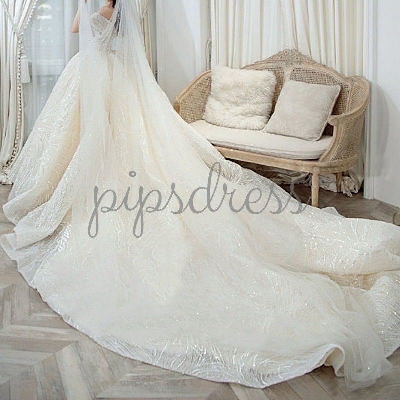 即日発送 ロングトレーン ウェディングドレス L オフショルダー 豪華刺繍 ビジュー チュールドレス 結婚式 披露宴 前撮り ロケーション撮影 花嫁ドレス プリンセスライン 大人可愛い 感 pipsセレクト