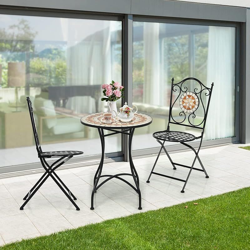 TANGKULA ガーデンテーブル 直径60cm 耐荷重50kg タイルテーブル 防水 モザイク柄 アンティーク調 机 庭 パティオ テラス アウトドア ベランダ 屋外 屋内 アイアン製 おしゃれ 組立簡単 イエロー OLIVEOS_COM_TR