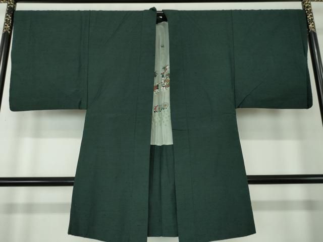 平和屋着物●男性　紬　アンサンブル　長羽織　深緑色　正絹　逸品　DAAZ0521ps 平和屋着物○男性 紬 アンサンブル 長羽織 色無地 深緑色 正絹 逸品