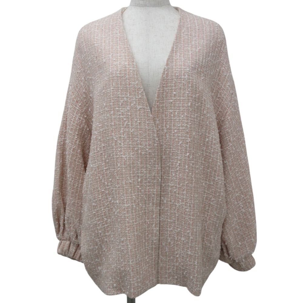 良品 23SS yori ヨリ ウール ミックスツイード ノーカラージャケット サイズF ピンクベージュ レディース 古着 中古 USED 良品 23SS yori ヨリ ウール ミックスツイード ノーカラー