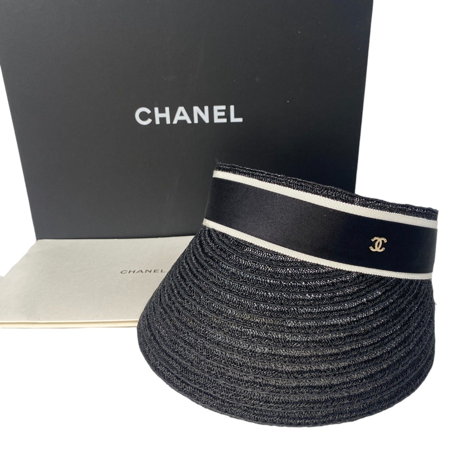 シャネル CHANEL レディース ストローサンバイザー ブラック M