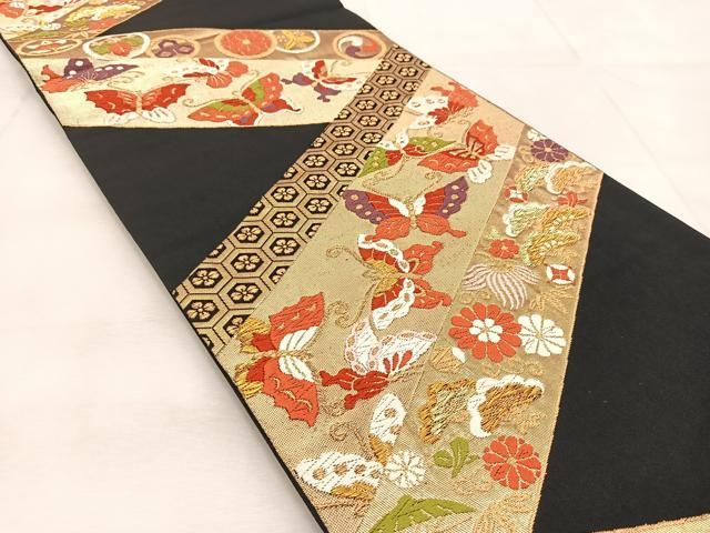 正絹　唐織　袋帯　菊尽くし　六通 袋帯 秀品 関西仕立て 花唐草 鳥 唐織 箔 鶯色 六通 正絹 中古