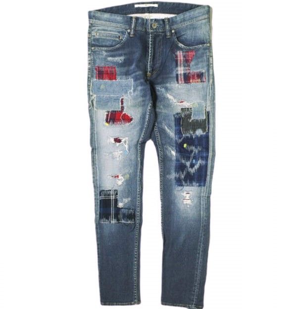 新品 e JEANS イージーンズ 日本製 STRETCH SLIM 岡山児島 襤褸パッチワークストレッチスリムデニムパンツ e801-028 0 Dark Blue ジップフライ チェック ジーンズ 定価59，500円 ボトムス g17375