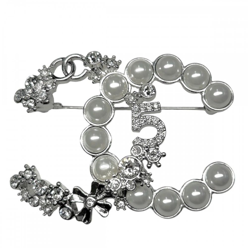 シャネル ブローチ レディース ココマーク ココ アクセサリー No.5 クローバー 小物 CHANEL ラインストーン フェイクパール B24V シルバー 約23.3g 2025年