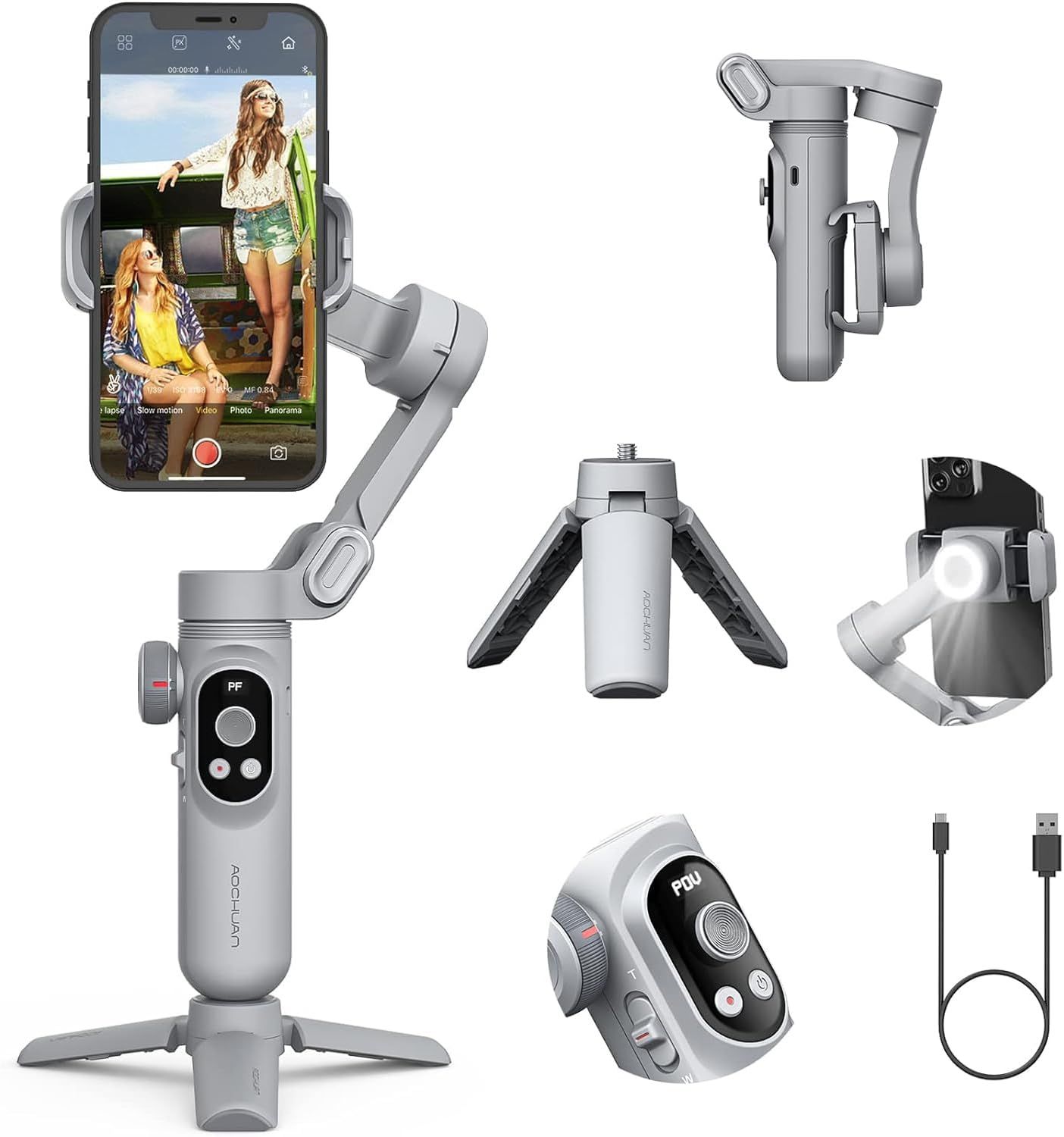 AOCHUAN SMART X PROスマホジンバル折りたたみ式手持スタビライザー ズームボタン、OLED画面、LEDライト調光可能、AndroidスマホとiPhone 15/14/13/12/11 Pro/Max XS Maxと互換の3軸ジンバル