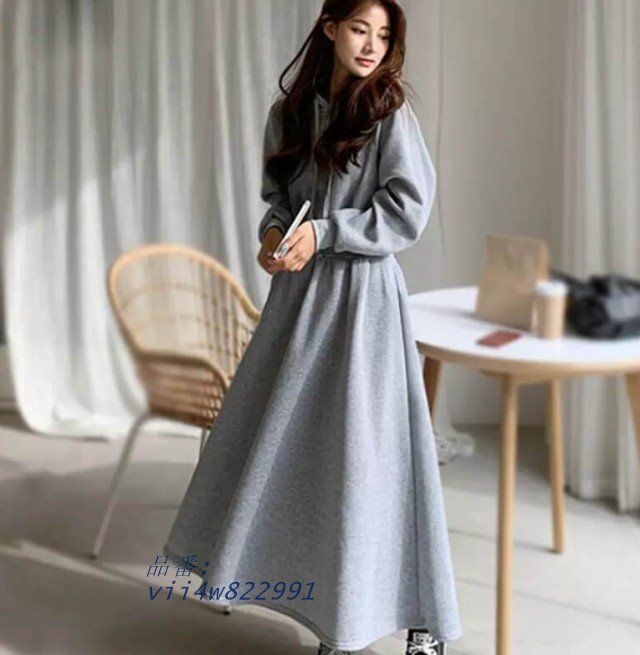 ワンピース レディース パーカーワンピース ロング丈 トレーナー スウェット 長袖 裏ボア 3L4L 白 黒 大きいサイズ ウエストマーク 小さいサイズ vii4w822991