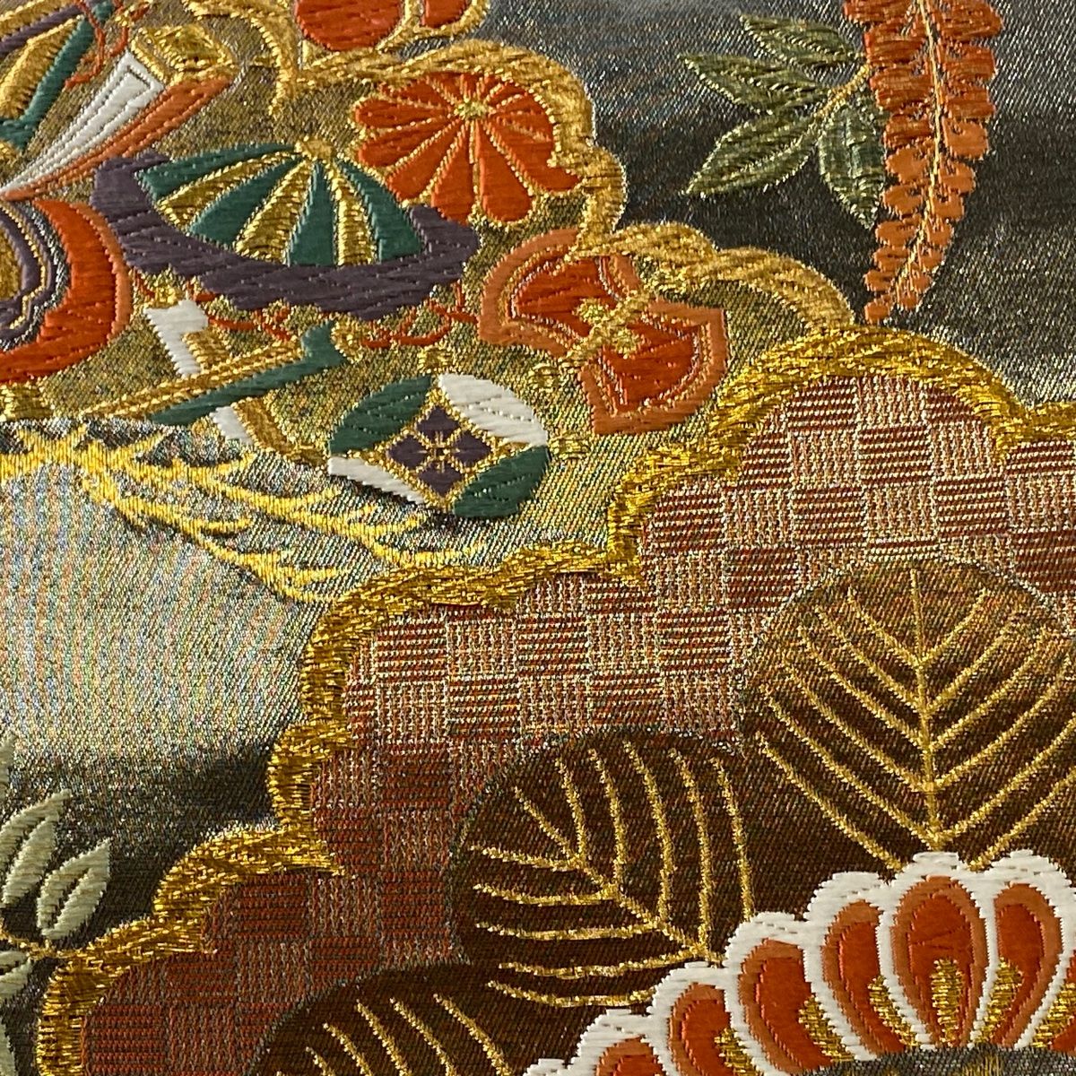 袋帯フルセット(7点)・極美品・ガード加工済・古典柄・深緑色・正絹