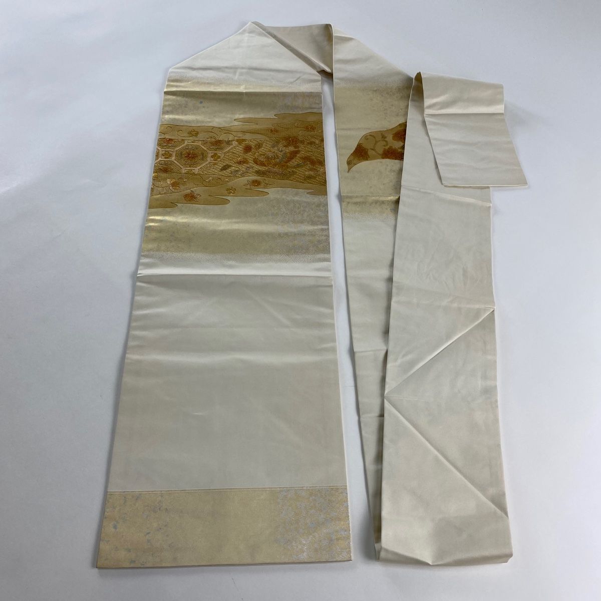 MO-3167 名古屋帯 木々に鳥模様 金糸 名古屋帯 美品 秀品 鳥 蜀江文 刺繍 金糸 金色 正絹 【中古