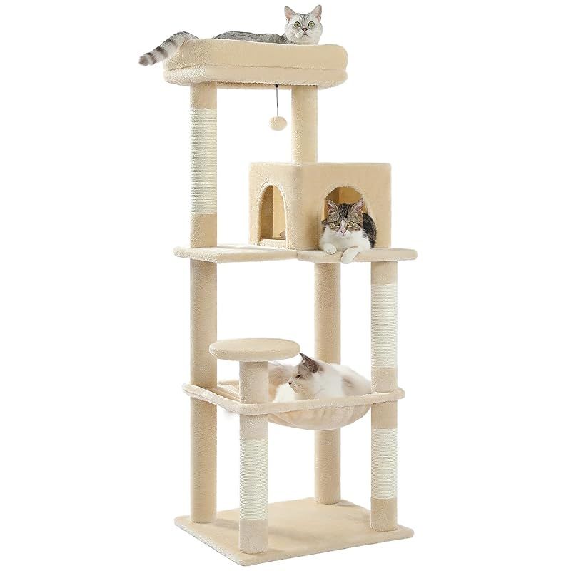 PETEPELA ぺテぺラ キャットタワー 猫タワー スリム 大型猫 据え置き 省スペース 登りやすい ハンモック 見晴台 ねこハウス ボンボン 天然麻紐 爪とぎ 運動不足解消 多頭飼い ベージュ 高さ143cm 1