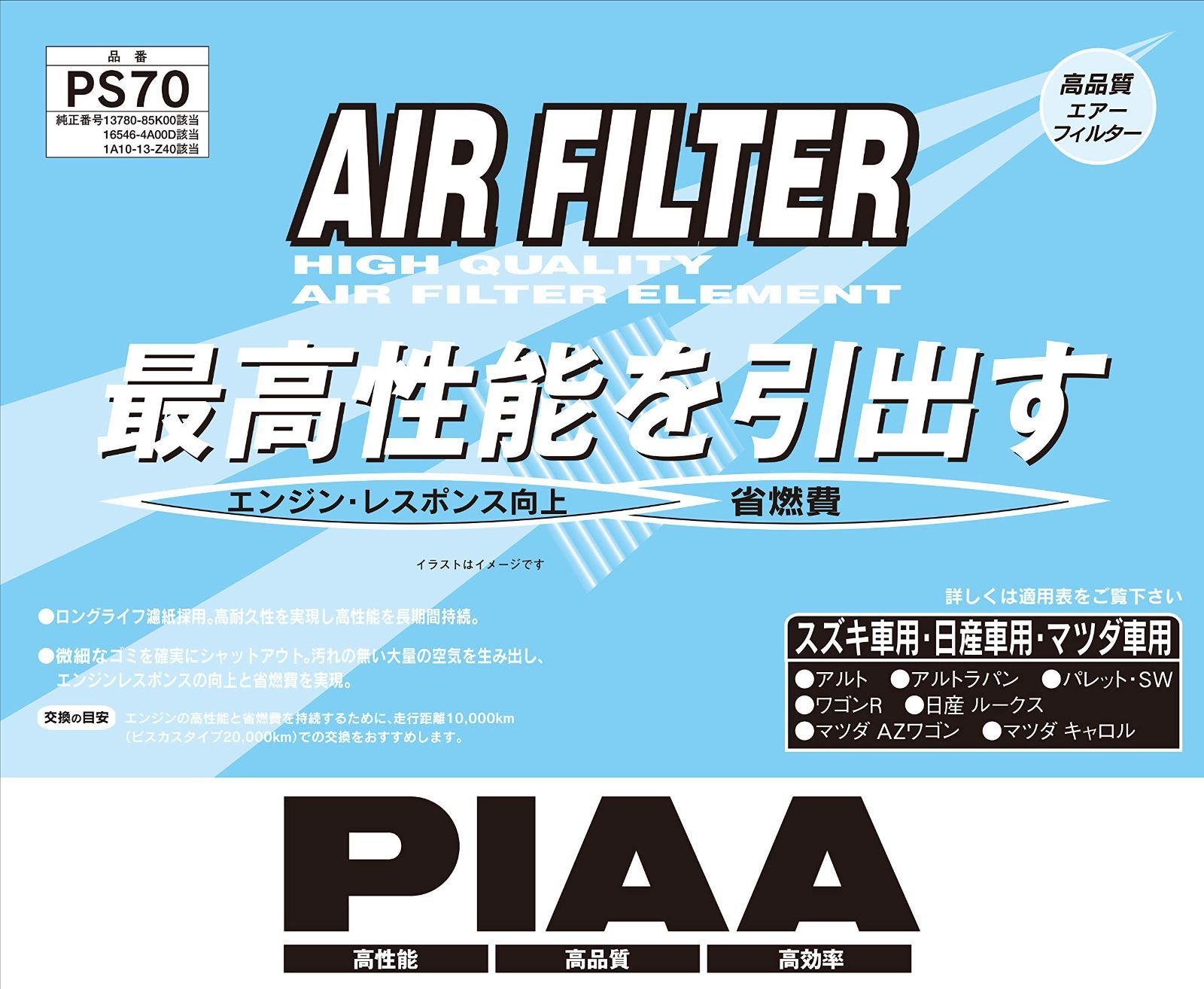 新品 エアーフィルター PIAA (エアフィルター) 1個入 [スズキ/日産/マツダ車用] アルト・ルークス・AZワゴン_他 PS70