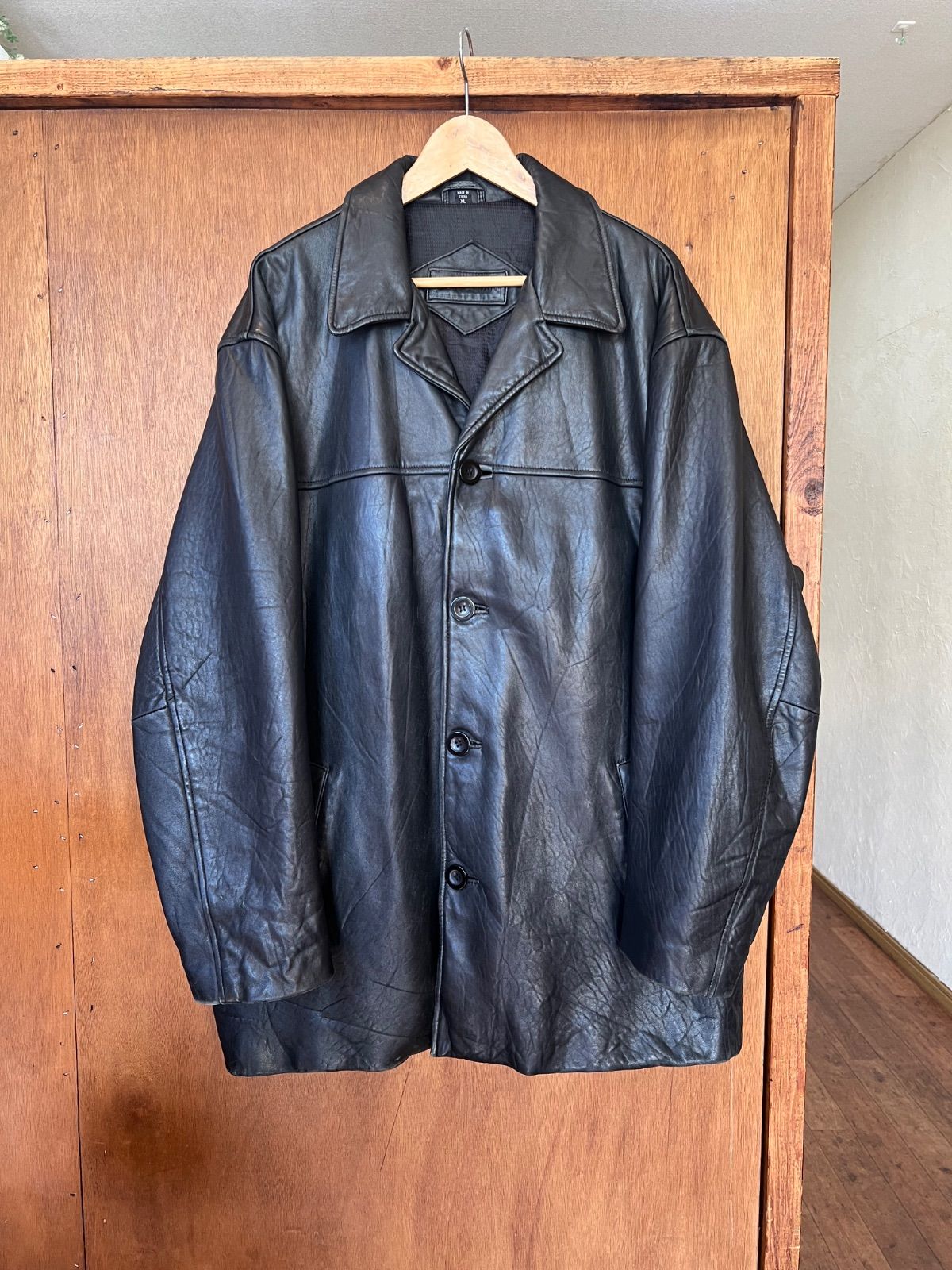 80s vintage】レザーカーコート L 羊革 野村訓市 襟ボア 裏総柄 -