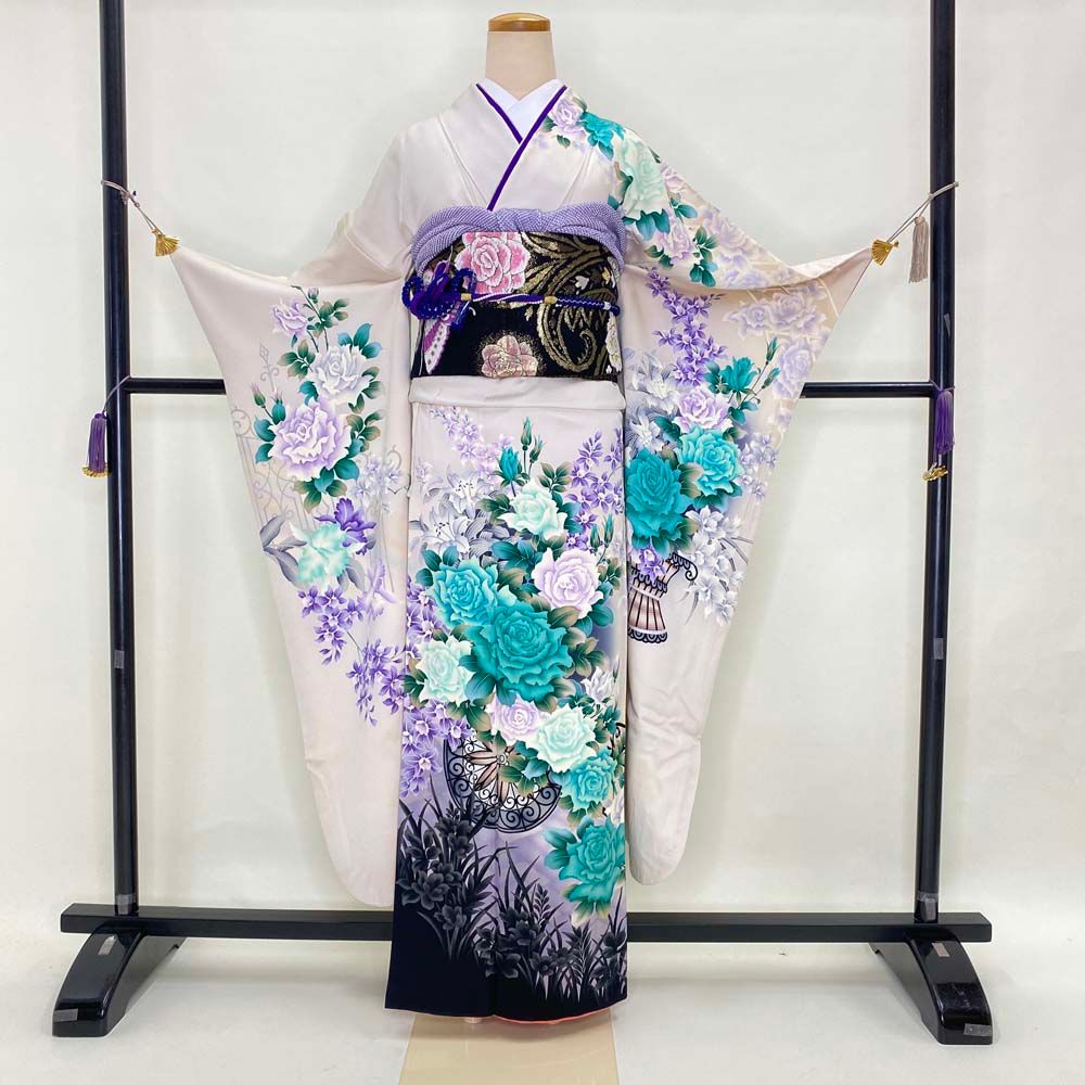 振袖フルセット 裄66cm 身丈157cm 振袖 帯 帯揚げ 帯締め 白 水色 紫 M 