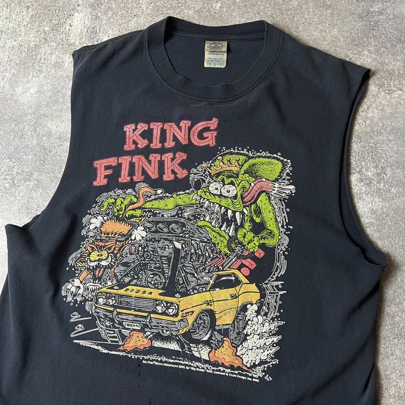 雰囲気系 00s RAT FINK ホットロッド プリント カットオフ ノースリーブ Tシャツ M / 00年代 オールド キャラクター 襤褸 ボロ