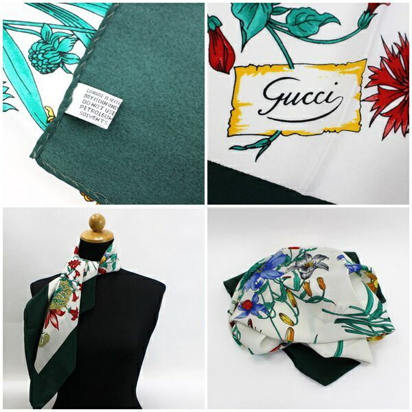 Gucci - グッチ シルク スカーフ フローラル 花柄 アイボリー×グリーン