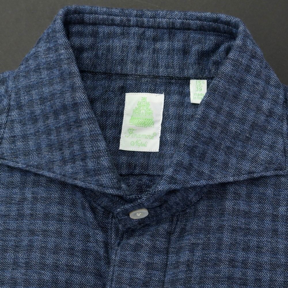 イタリア製 finamore シャツ ネイビー L ホリゾンタルカラー 中古】フィナモレ Finamore コットン ホリゾンタルカラー