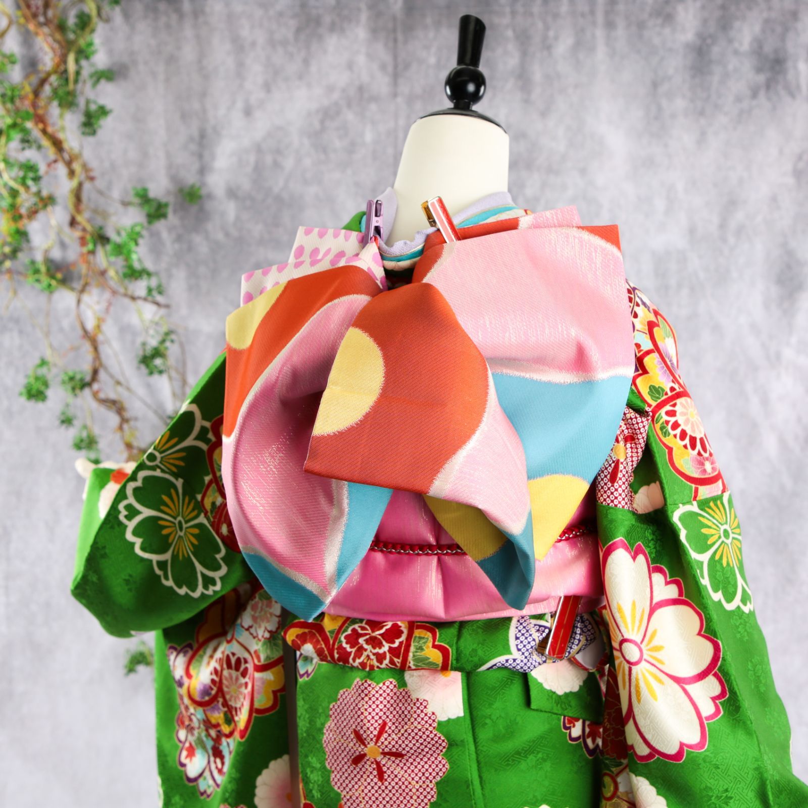 振袖フルセット 振袖セット 振袖 L～LLサイズ 緑×レトロ 美品