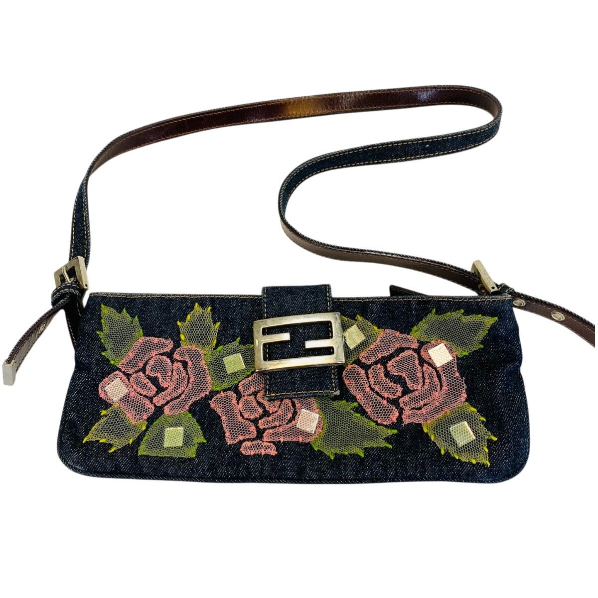 FENDI デニム マンマバケット ショルダーバッグ 花柄 9625 フェンディ FENDI フラワー デニム マンマバケット ショルダー