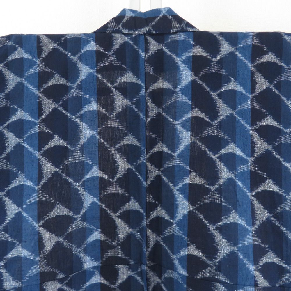 木綿着物 久留米かすり 木綿 単衣 瓦模様 バチ衿 紺色x青色x白色