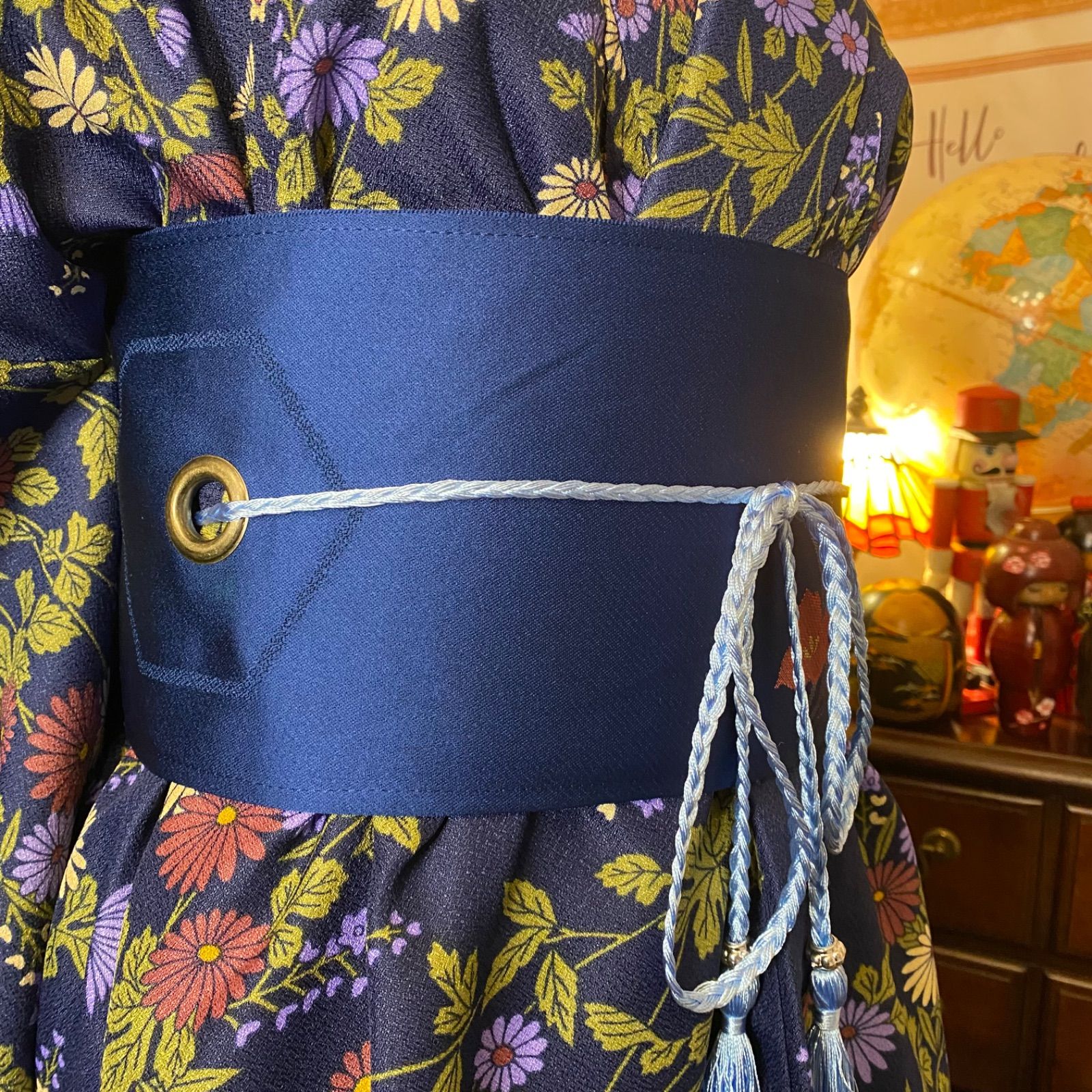 リメイク 着物ワンピース 化繊 洗える 名古屋帯サッシュベルト付き