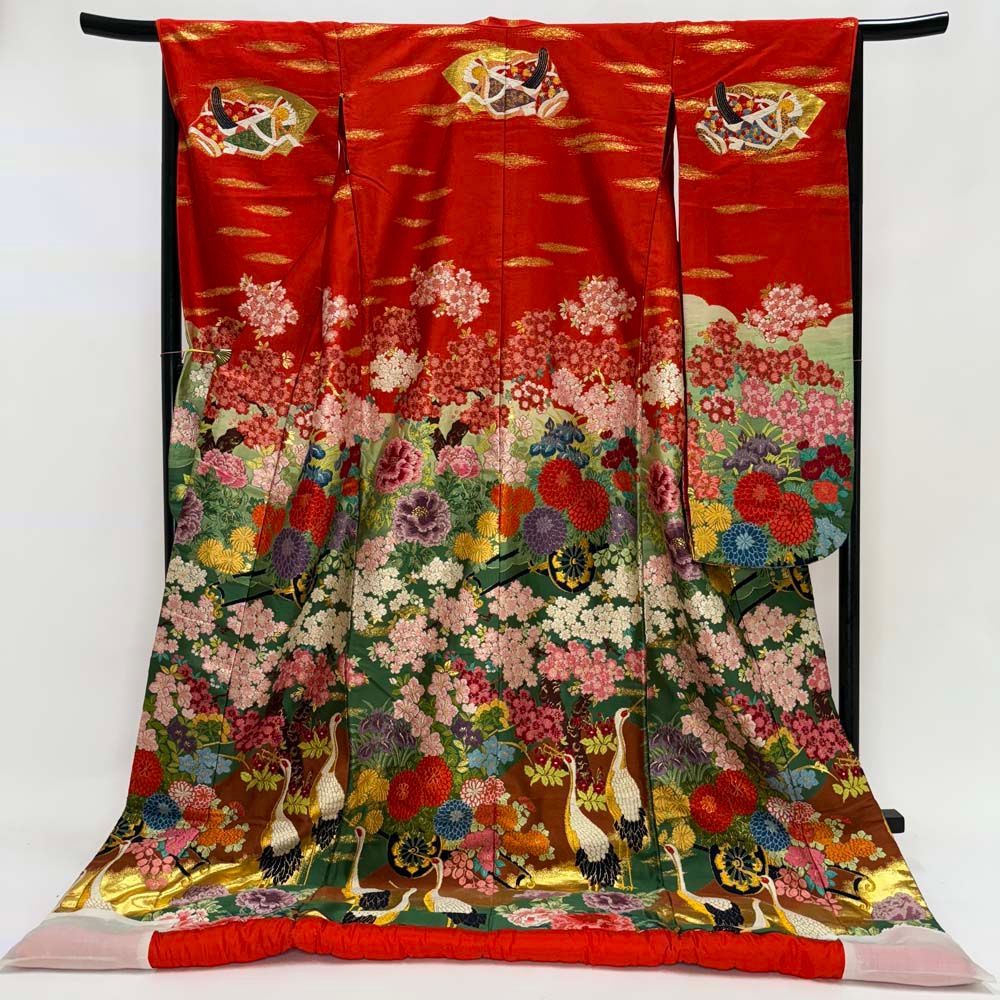 色打掛 正絹 鶴 刺繍 赤金 打掛 花嫁衣裳 婚礼 リサイクル ブライダル ウエディング 着物 4288