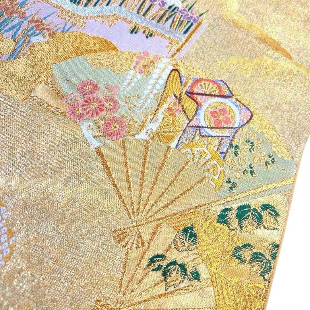 ◆着物 帯 袋帯 刺繍 金糸 草花 扇子 名古屋帯 お洒落文様 逸品 昭和① ◇着物 帯 袋帯 刺繍 金糸 草花 扇子 名古屋帯 お洒落文様 逸品 昭和① ◇