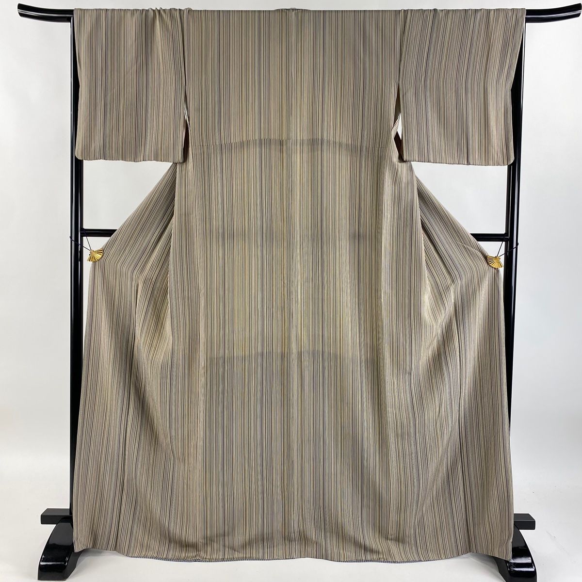 小紋 身丈169cm 裄丈66.5cm M 袷 縦縞 薄茶色 正絹 秀品 【中古