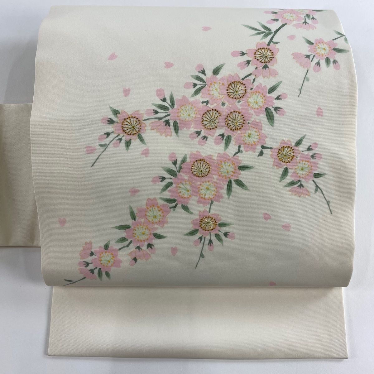 名古屋帯 秀品 桜 花びら 金糸 クリーム 正絹
