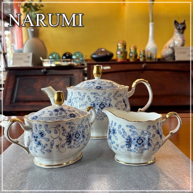 NARUMI ミラノ ティーポット＆シュガーポット＆クリーマー セット ナルミ ティーセット 梅の花 ブルー 金彩 ボーンチャイナ オシャレ 人気 CA0105-6
